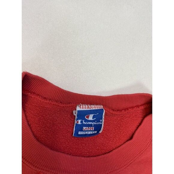VINTAGE Champion Logo Embroidered Sweatshirt Men Medium Red Distressed USA 90s - Picture 8 of 9